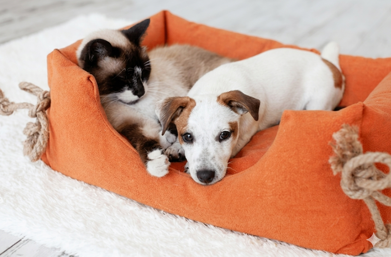 Cão e gato juntos em cama confortável de hospedagem